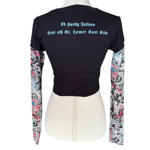 Ed Hardy Layered Tattoo Sleeve Koi Fish Black Graphic T Shirt Y2K Crop Top M - Picture 10 of 10